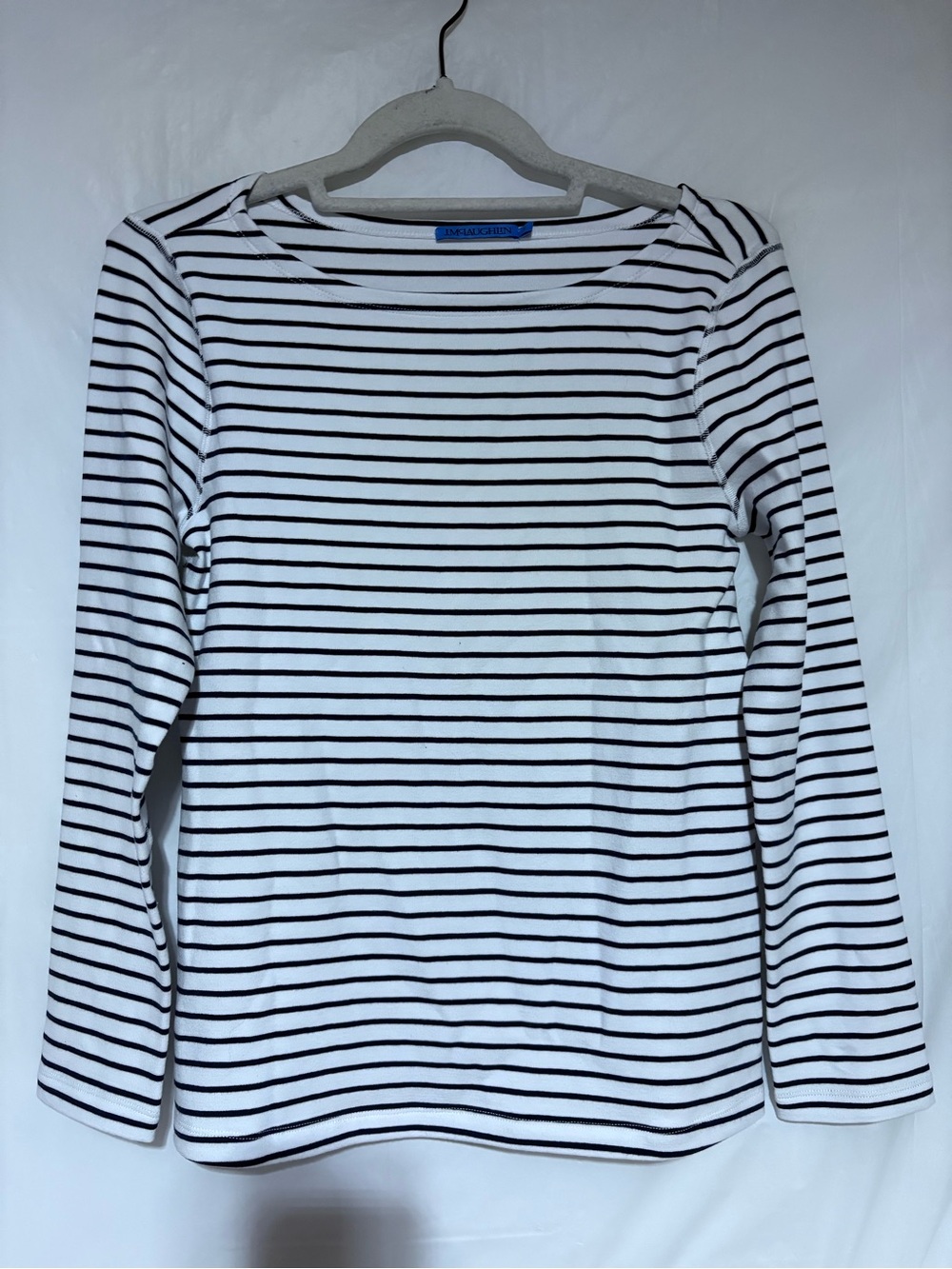 J. McLaughlin White and Black Striped Long-Sleeve Boatneck Top